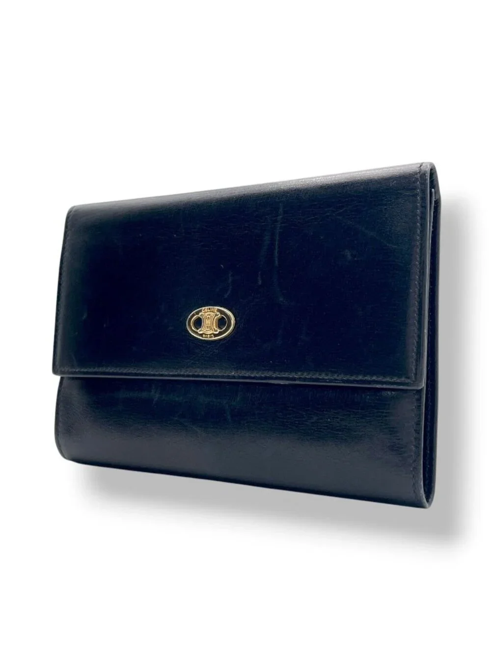 Celine Triomphe Macadam Vintage Fold Wallet Mini Leather Black Gold Classic